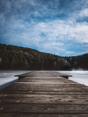 Steg am eisigen gefrorenen See mit Nebel und Bäume im Hintergrund im Bayerischen Wald