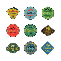 set of vintage wilderness logos. hand drawn retro styled outdoor adventure emblems. vector illustration