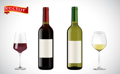 Wine bottles, glasses vector highly detailed. Realistic set of white and red wine bottles and wineglasses.