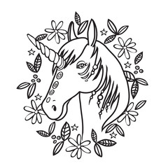 cartoon doodle unicorn portrait with frame of flowers and leaves
