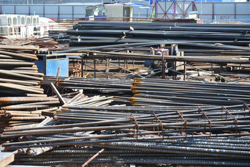 Hot rolled deformed steel bars or steel reinforcement bar at construction site.It use to strengthen...