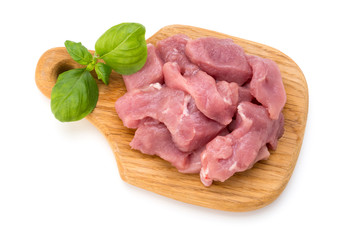 Raw chopped beef meat pieces isolated om white background cut out.