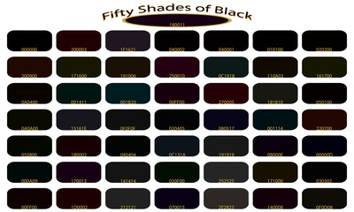 Shades of black color isolated on white background. Black tones and shades. Color backgrounds with codes. Vector illustration of palette.