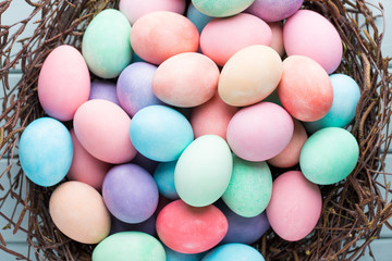 Pastel Easter eggs background. Spring greating card.