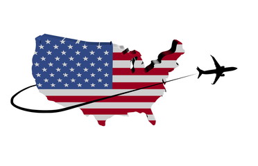 USA map flag with plane silhouette and swoosh illustration