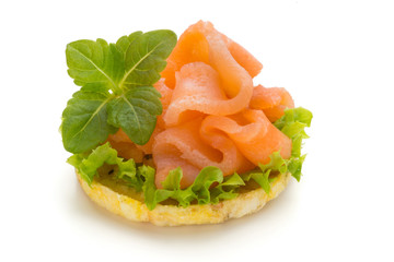 Bread with fresh salmon fillet isolated on white background, top view.