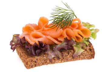 Bread with fresh salmon fillet isolated on white background, top view.