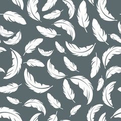 Fototapeta premium Feather seamless pattern on grey background. Vintage card for fabric design.Peacock feather seamless pattern.