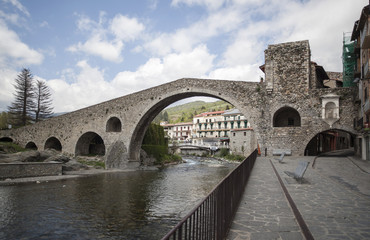 Fototapeta na wymiar Ancient bridge, Pont Nou in pyrenees village of Camprodon, province Girona, Catalonia.Spain.