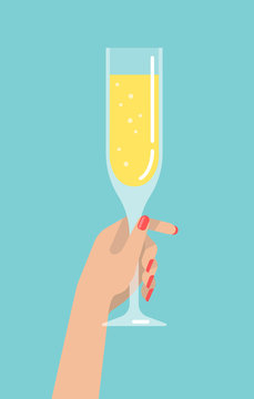 Women's hand holds a glass with a champagne. Isolated vector illustration flat design.