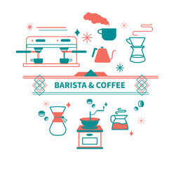 Vector illustration set of coffee preparation for coffeeshop with typography word: "Barista and Coffee". Clipart of Pour over brewer, coffee machine, kemex, cup, Arabica and Robusta beans.