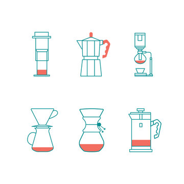 Vector icons set of coffee preparation for coffeeshop. Clipart of Pour over brewer, aero press, French press, kemex, cup, Arabica and Robusta beans.
