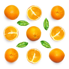 Fruit composition with fresh orange isolated on white background. Creative minimalistic food concept. Top view.