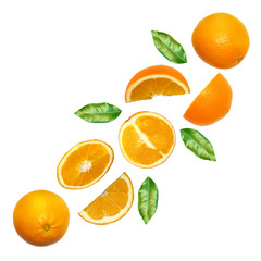 Fruit composition with fresh orange isolated on white background. Creative minimalistic food concept. Top view.