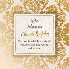 3308657 Intricate baroque luxury wedding invitation card, rich gold decor on beige background with frame and place for text, lacy foliage with shiny gradient.