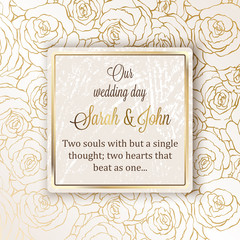 Fototapeta na wymiar 3308661 Intricate baroque luxury wedding invitation card, rich gold decor on beige background with frame and place for text, lacy foliage with shiny gradient.