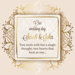 3308667 Intricate baroque luxury wedding invitation card, rich gold decor on beige background with frame and place for text, lacy foliage with shiny gradient.