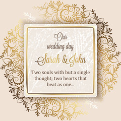 3308668 Intricate baroque luxury wedding invitation card, rich gold decor on beige background with frame and place for text, lacy foliage with shiny gradient.