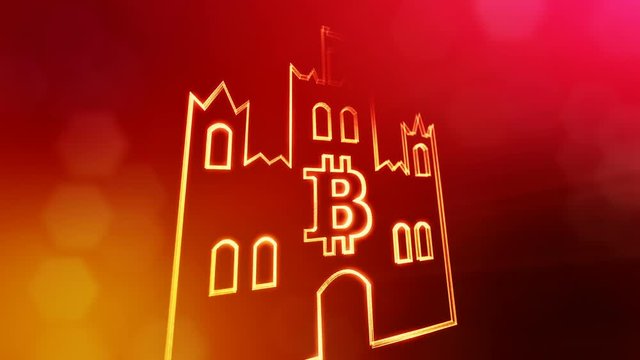 logo bitcoin inside the emblem of the castle. Financial background made of glow particles as vitrtual hologram. Shiny 3D loop animation with depth of field, bokeh and copy space. Red color v2