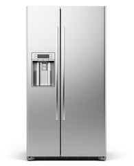 Front View of Modern side by side Stainless Steel Refrigerator . Fridge Freezer Isolated on a White Background. 3d rendering