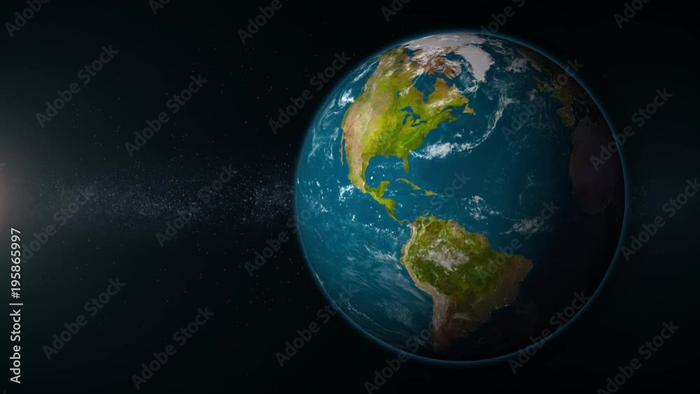Wall mural a view of mother earth rotating in deep space. looping. off set right with sunlight on left of scree