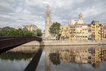 City view, colored houses over river, Girona, Catalonia. Spain.