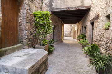 Ancient street in Santa Pau,Catalonia,Spain.