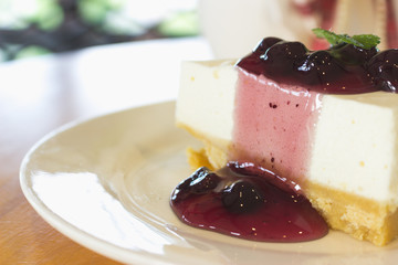 cake Blueberry Cheese Pie in White Plate