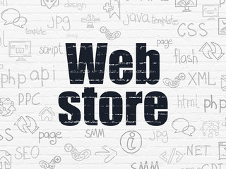 Web design concept: Painted black text Web Store on White Brick wall background with  Hand Drawn Site Development Icons