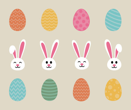 Easter bunnies and eggs - collection of icons. Vector.