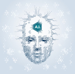 Artistic Representation Of Artificial Intelligence. Human face formed from electronic pattern of printed circuit board. Illustration on the subject of 'Future Technologies'.