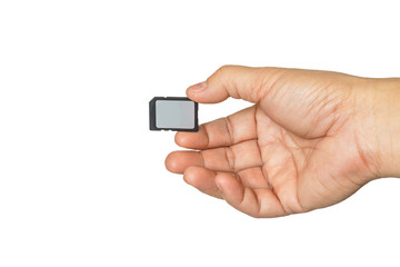 Hand holding the SD Card isolated white background.