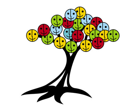 Tree of smiles and joy. Tree with smiley face instead of leaves. Red, yellow, blue, green colors.