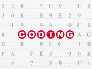 Software concept: Painted red text Coding on White Brick wall background with Hexadecimal Code