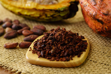 Cacao nibs and raw cocoa fruit, cacao beans on background