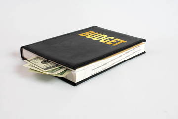 Black book with money and the inscription budget on white background