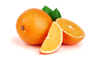 Orange with slice and leaf isolated on the white background