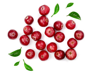 Cranberry with leaf isolated on white background closeup top view