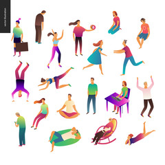 Set of vector illustrated people acting and relaxing