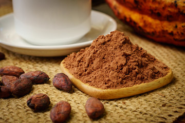 Cacao powder near white cup, raw cocoa fruit, cacao beans