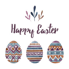 watercolor Easter eggs with beautiful ornament and inscription. Happy Easter