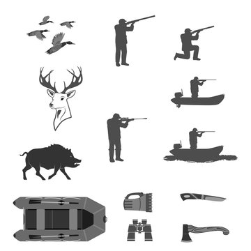 a man shoots a rifle on a hunt. set in different poses. rifles separately. There is a knife, binoculars, a flashlight, a rubber boat.
   isolate on white background. easy to cut for your projects