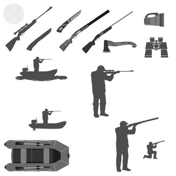 a man shoots a rifle on a hunt. set in different poses. rifles separately. There is a knife, binoculars, a flashlight, a rubber boat.
   isolate on white background. easy to cut for your projects