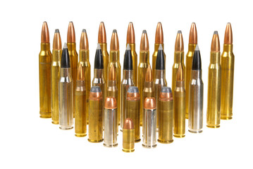 Ammunition of various types and sizes from 320 Auto to 300 Win Mag, arranged in the form of a...