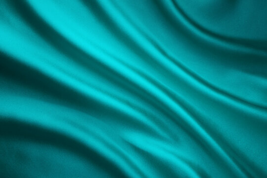 Fabric Waving Silk Background, Teal Satin Cloth Crumpled In Wave Shape