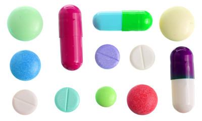 multicolor pill capsule isolated on white background. Top view. Flat lay. Set or collection