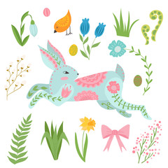 Illustration with rabbit and flowers in a Scandinavian style. Folk art