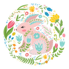 Fototapeta na wymiar Illustration with rabbit and flowers in a Scandinavian style. Folk art