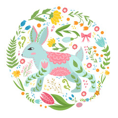 Illustration with rabbit and flowers in a Scandinavian style. Folk art