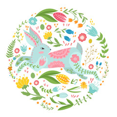 Fototapeta premium Illustration with rabbit and flowers in a Scandinavian style. Folk art